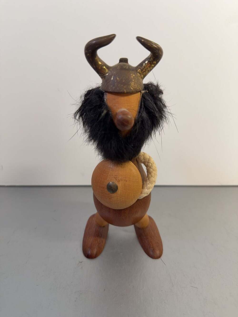 Vintage Carl Bent Teak Wood Viking Figurine with Shield and Rope Arms Handmade i